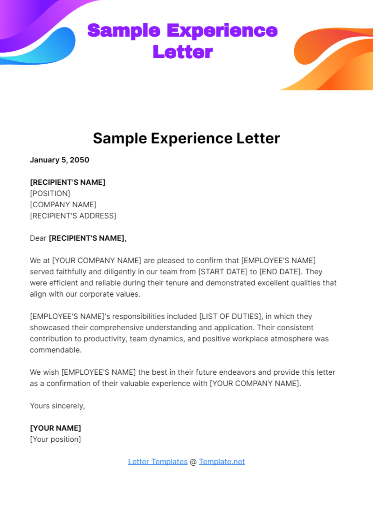 Free Sample Experience Letter Template