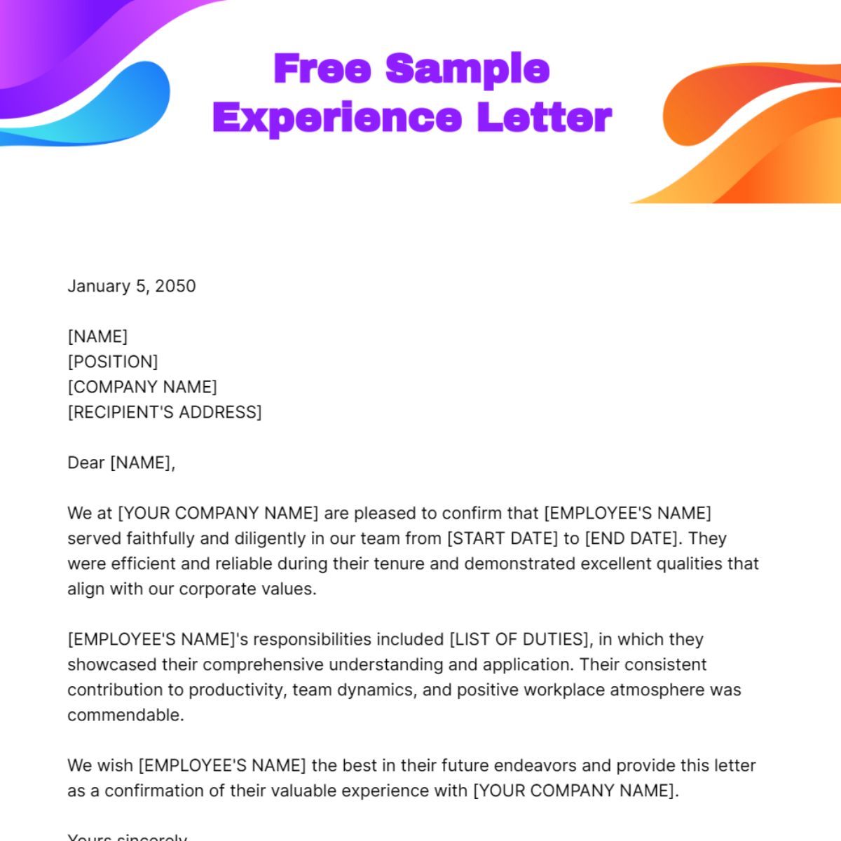 Sample Experience Letter Template