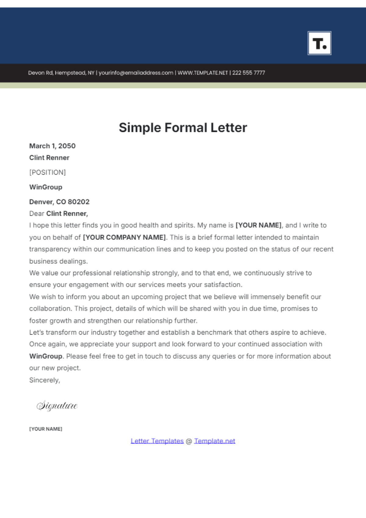 Simple Formal Letter Template - Edit Online & Download