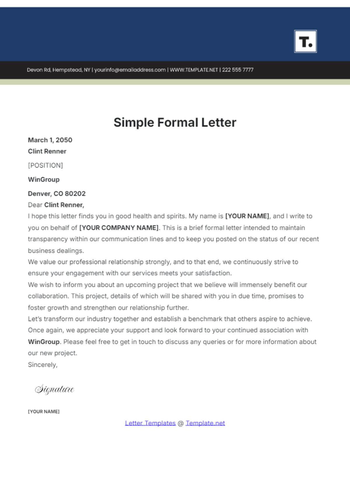 Free Simple Formal Letter Template To Edit Online