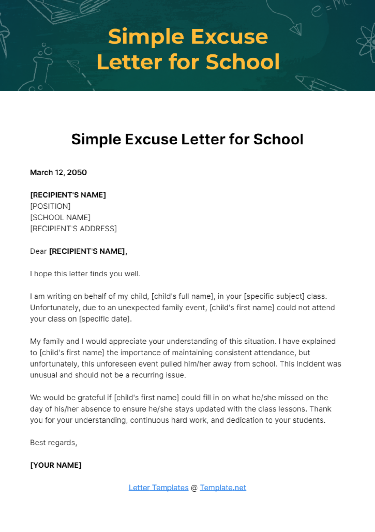 Simple Excuse Letter for School Template