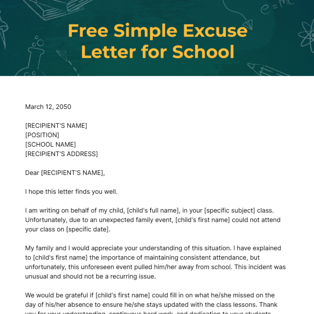 Simple Excuse Letter for School Template