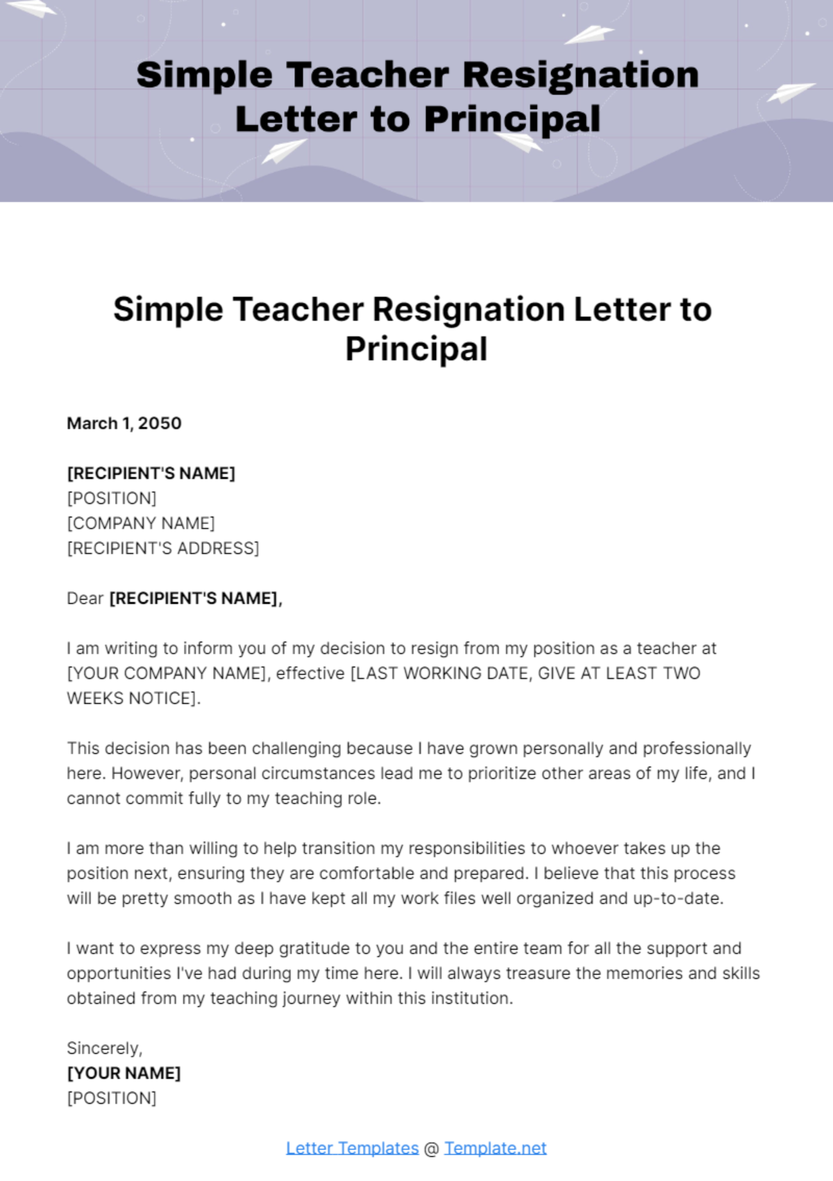 Free Simple Teacher Resignation Letter to Principal Template
