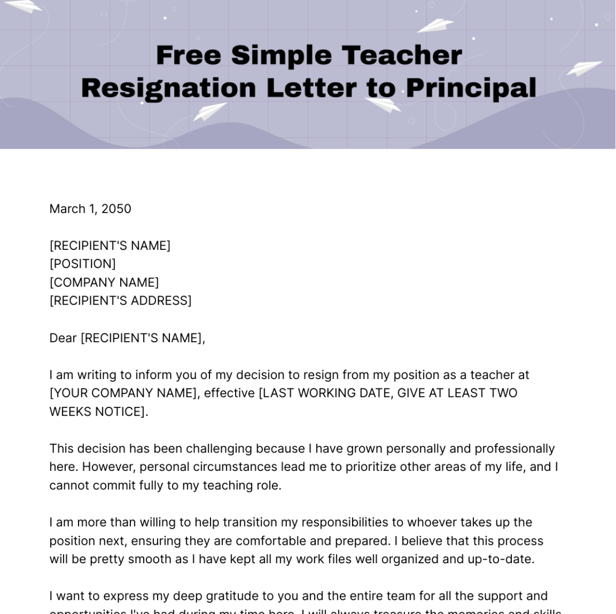 Simple Teacher Resignation Letter to Principal Template