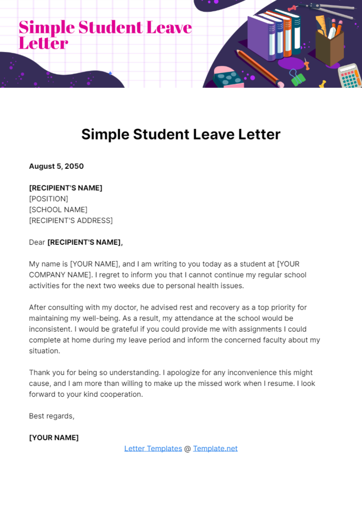 Free Simple Student Leave Letter Template