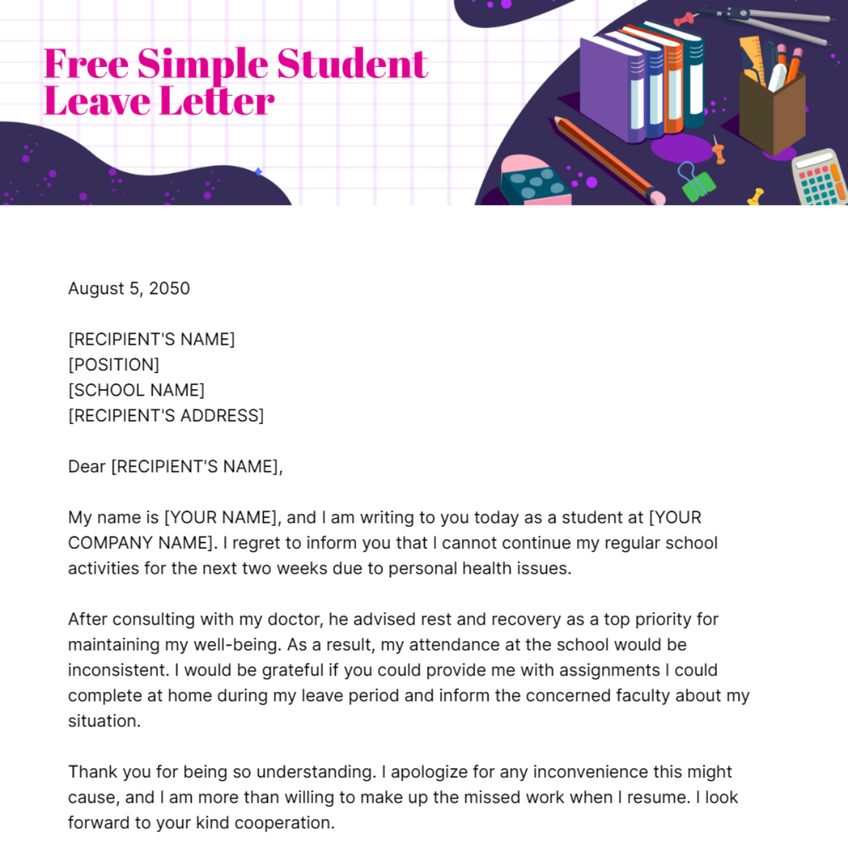 Simple Student Leave Letter Template