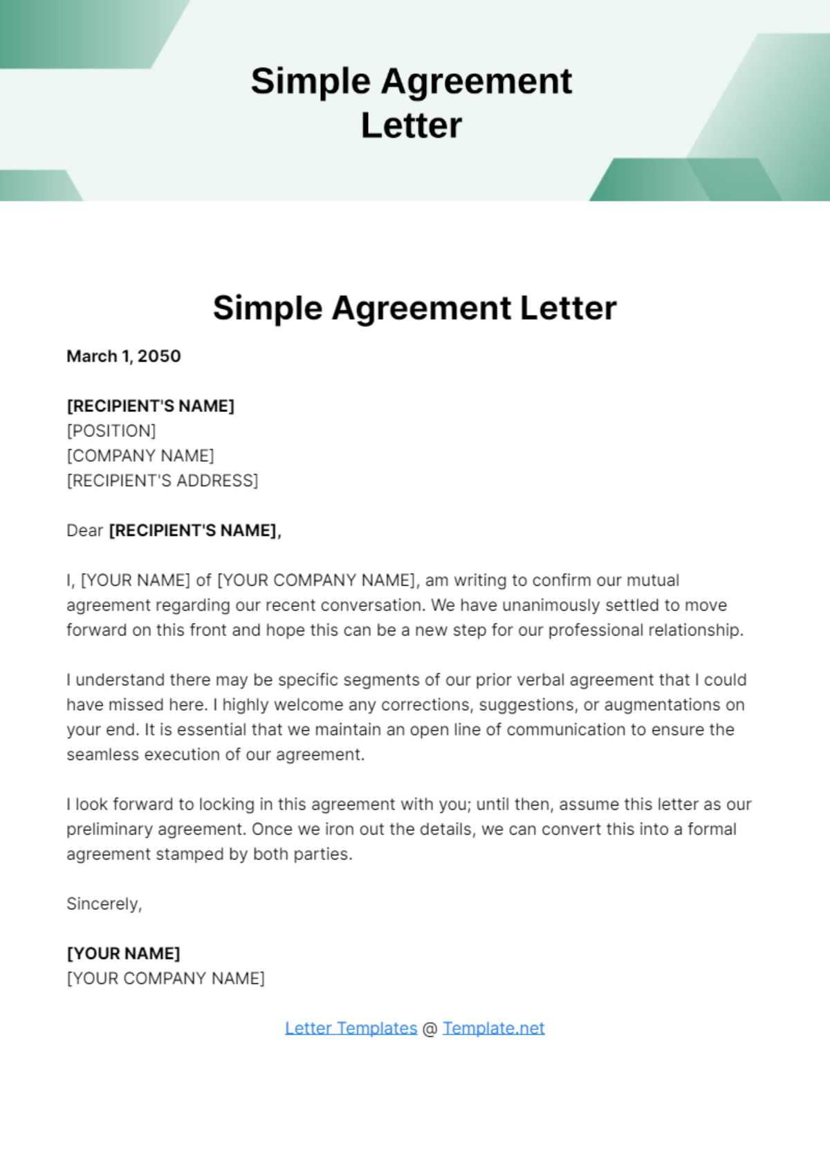 Free Simple Agreement Letter Template