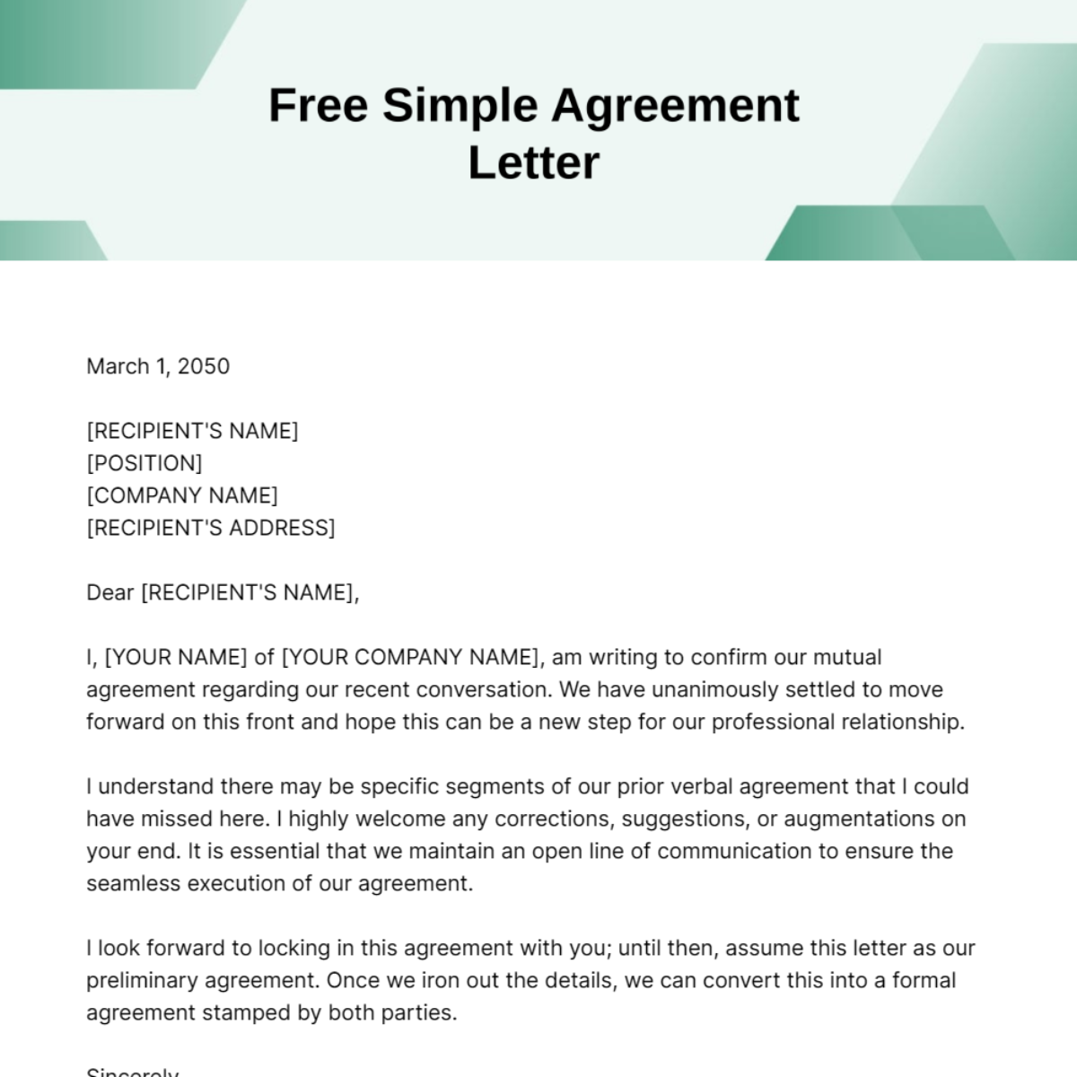 Simple Agreement Letter Template