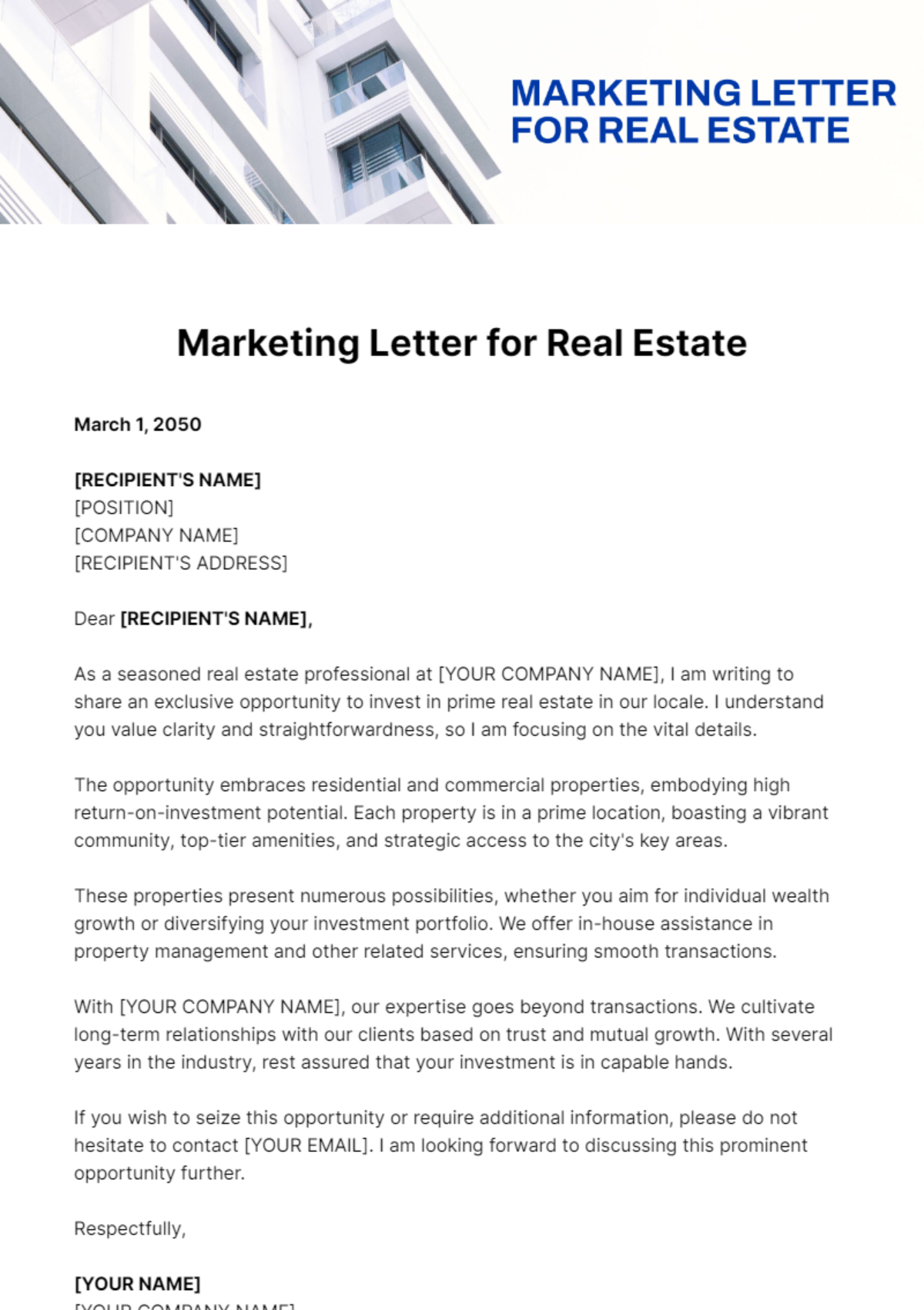 Free Marketing Letter for Real Estate Template