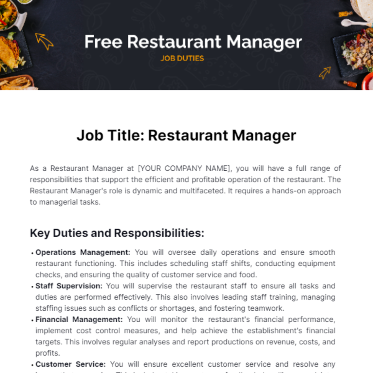 Free Restaurant Manager Job Duties Template