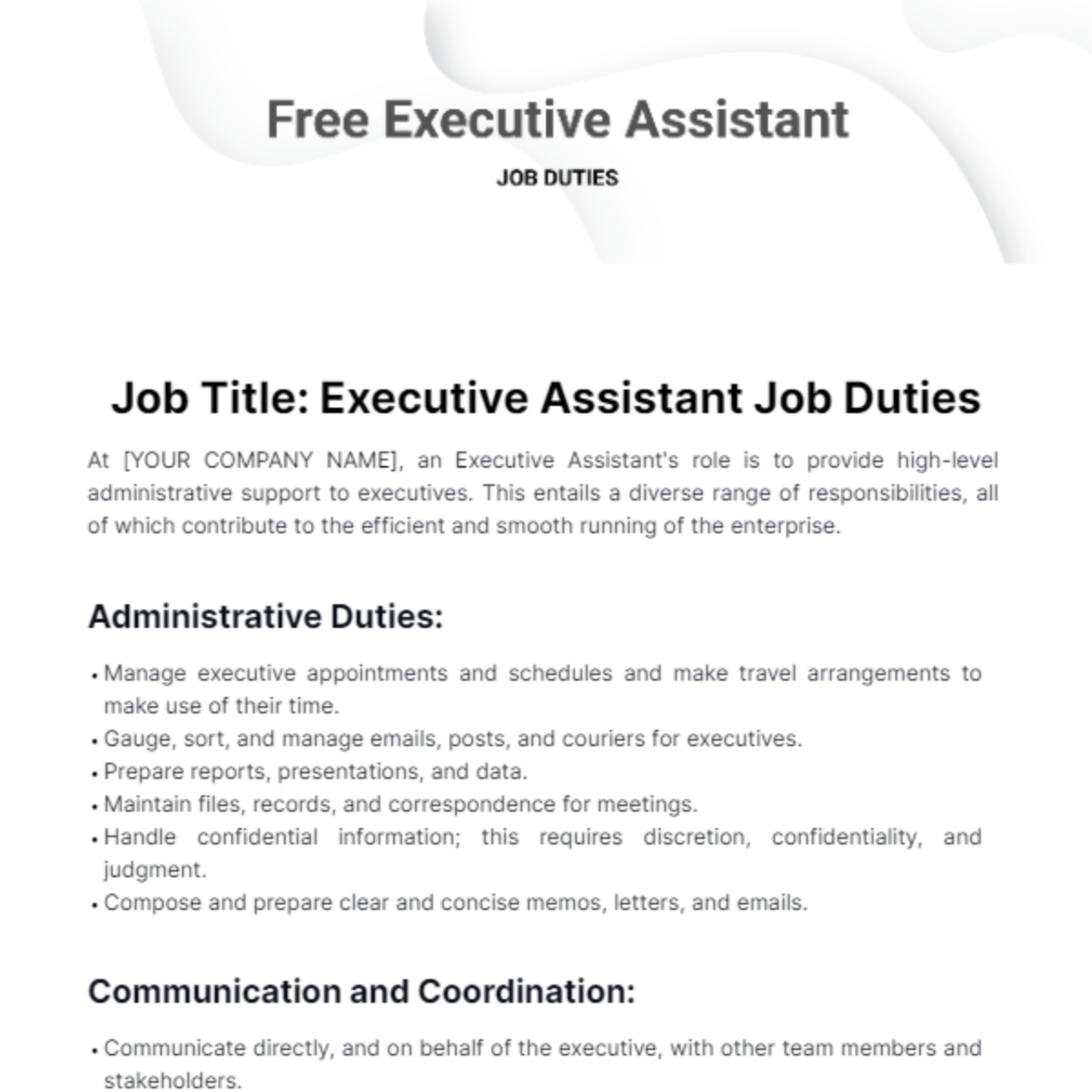 Free Executive Assistant Job Duties Template