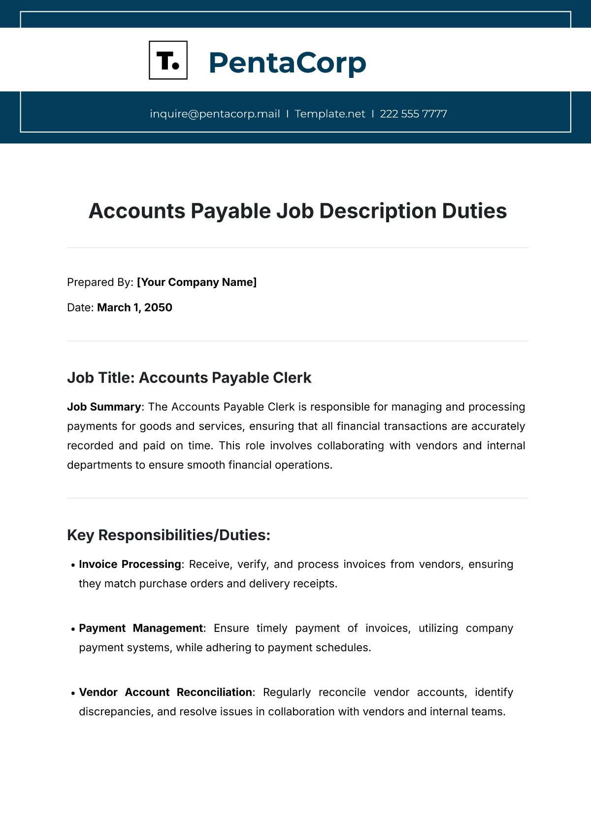 Accounts Payable Job Description Duties Template - Edit Online & Download