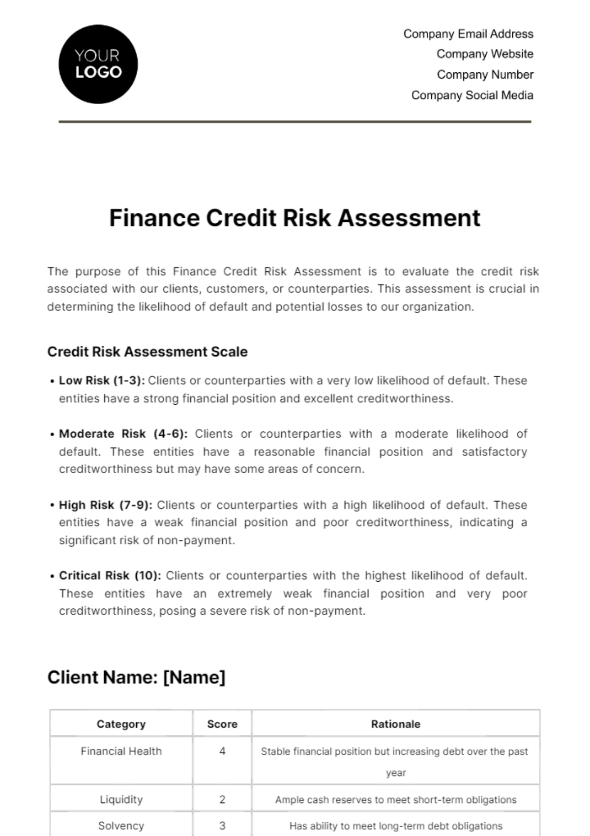 Free Finance Credit Risk Assessment Template