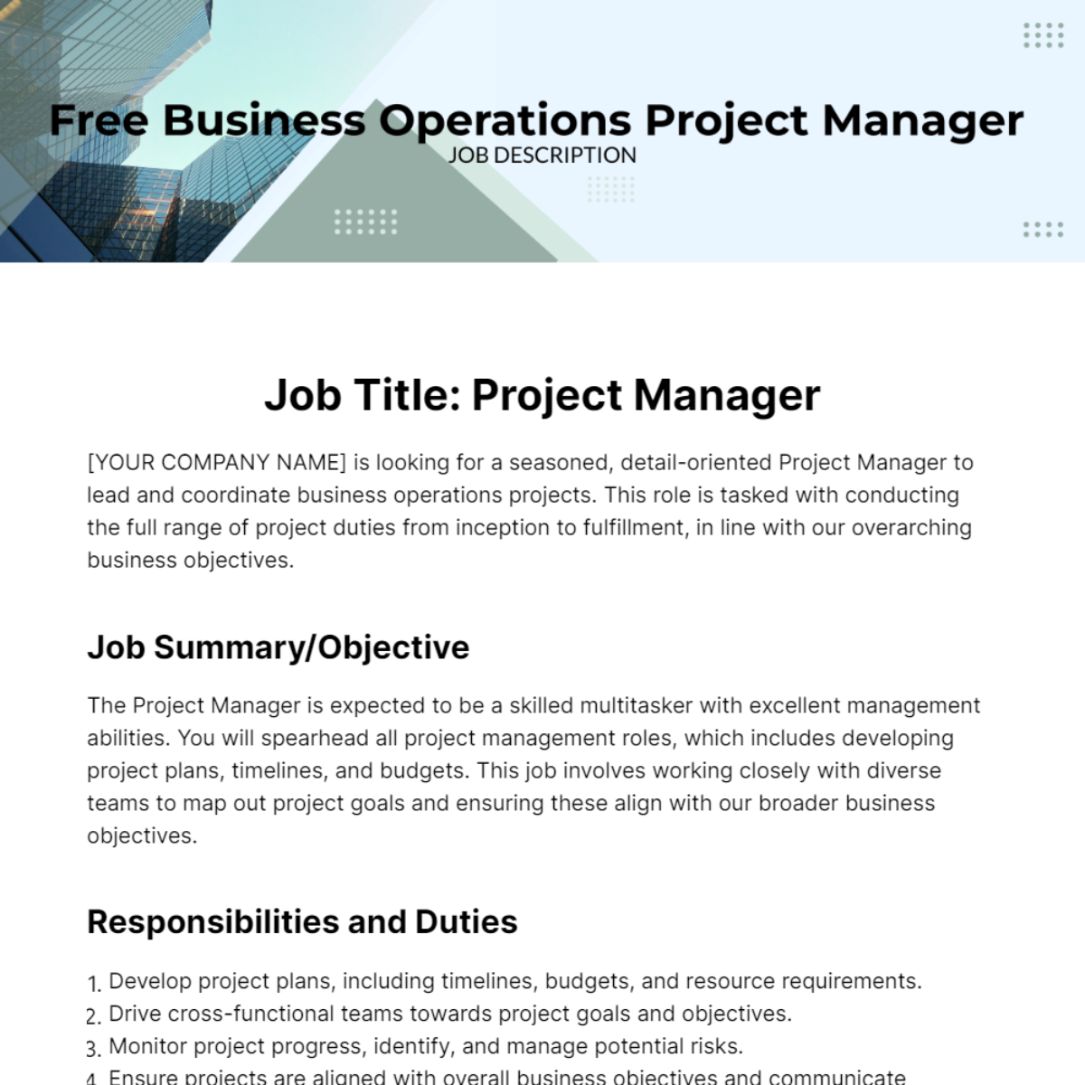 Free Business Operations Project Manager Job Description Template