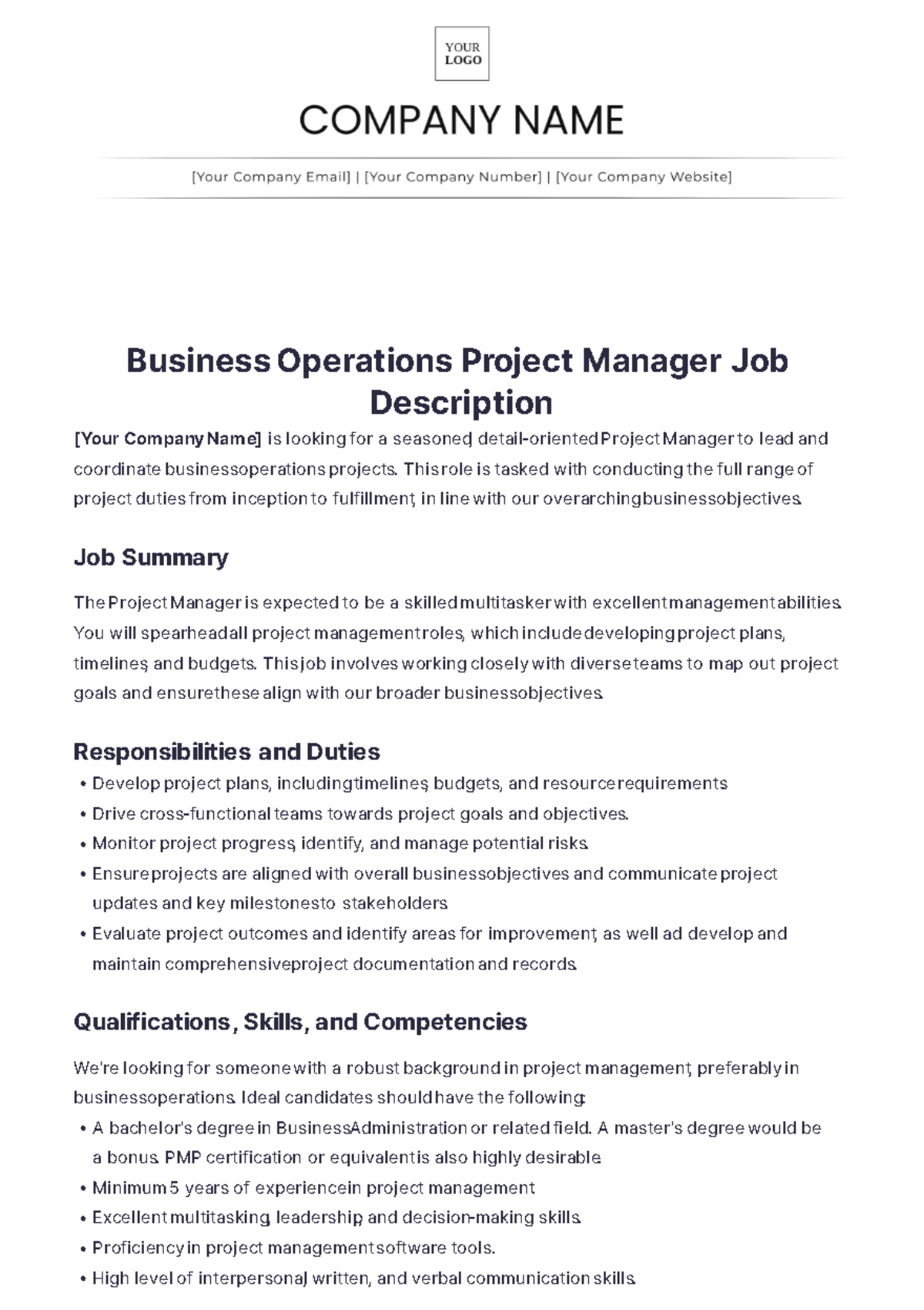 Business Operations Project Manager Job Description - Edit Online & Download