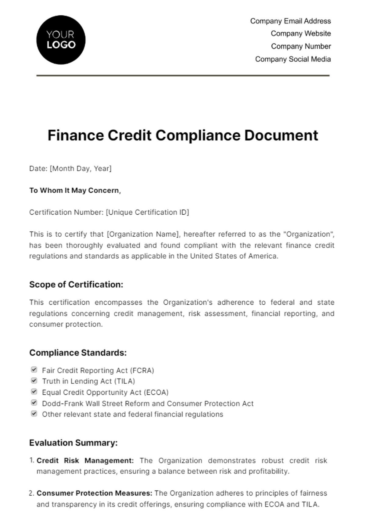 Free Finance Credit Compliance Document Template