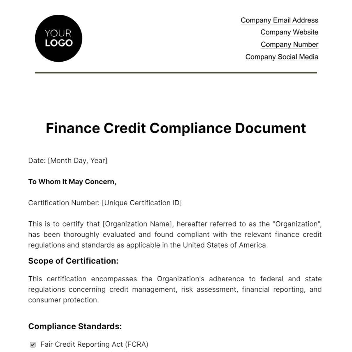 Finance Credit Compliance Document Template
