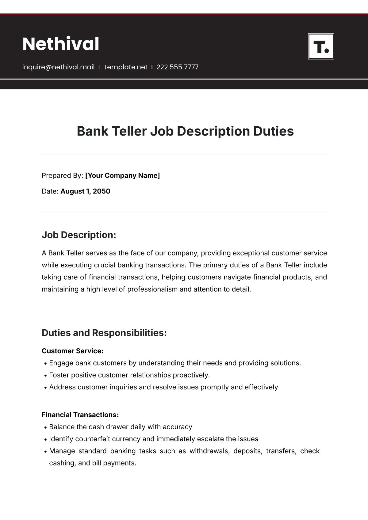 Bank Teller Job Description Duties Template - Edit Online & Download