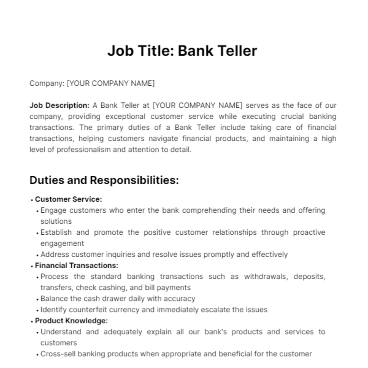 Free Bank Teller Job Duties Template