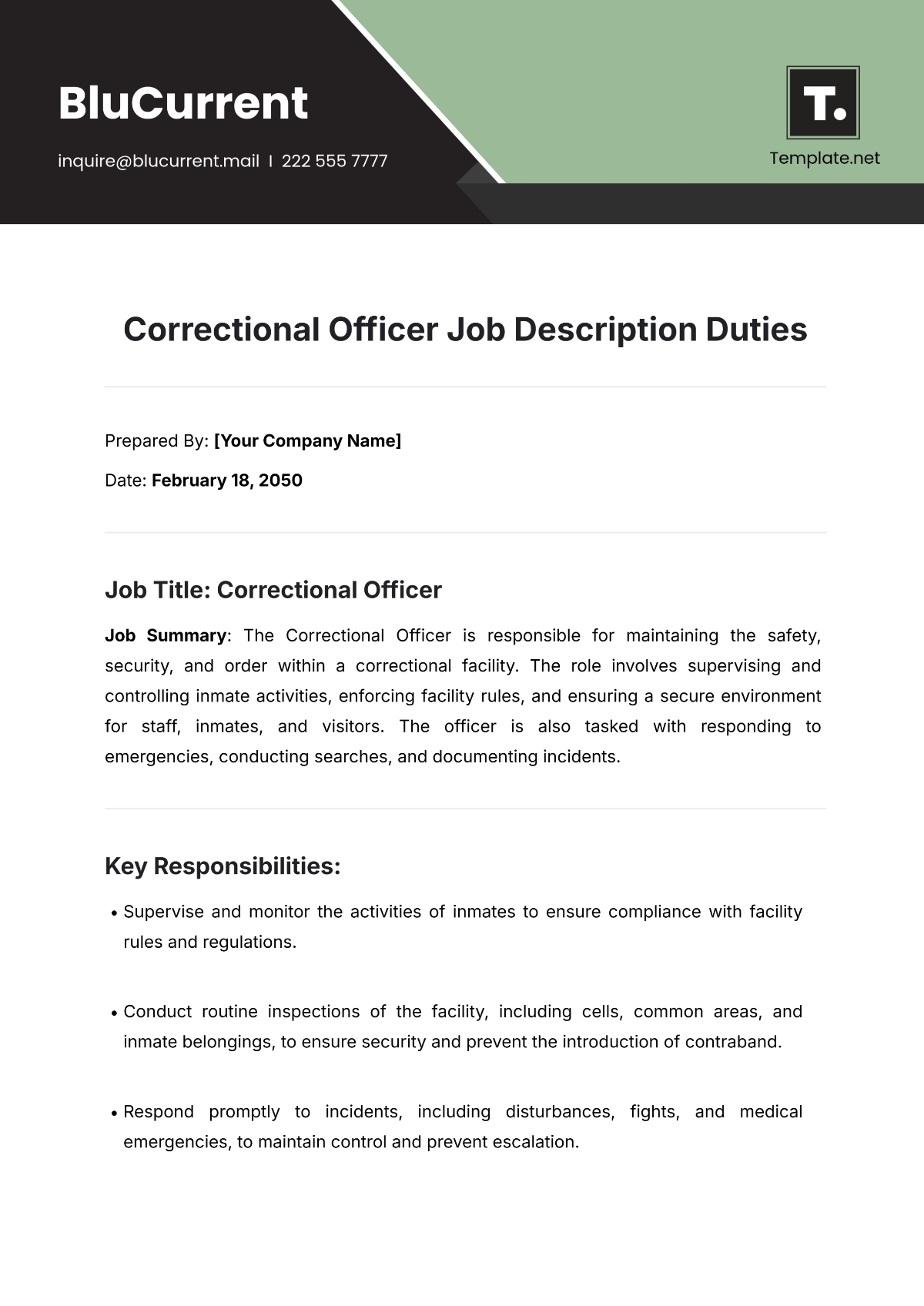 Correctional Officer Job Description Duties Template - Edit Online & Download