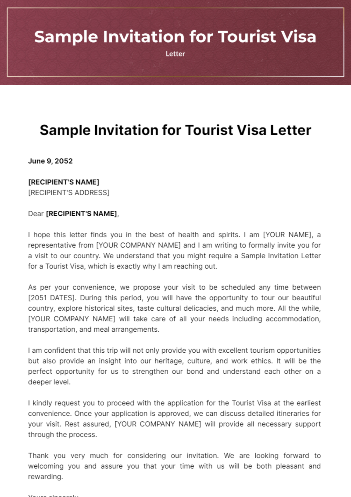 Free Sample Invitation Letter for Tourist Visa Template