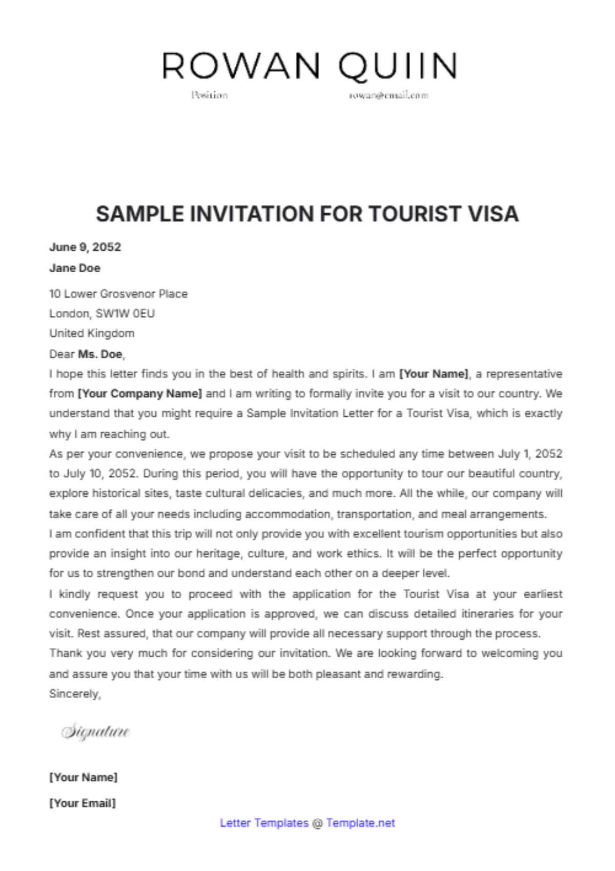 Sample Invitation Letter for Tourist Visa Template