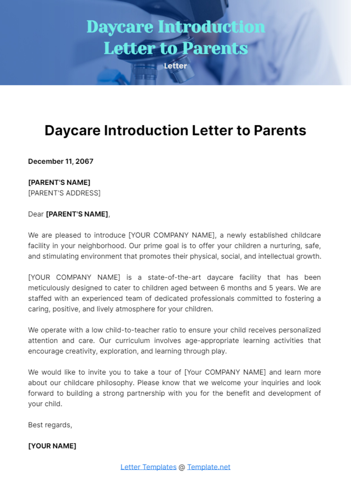 Free Daycare Introduction Letter to Parents Template