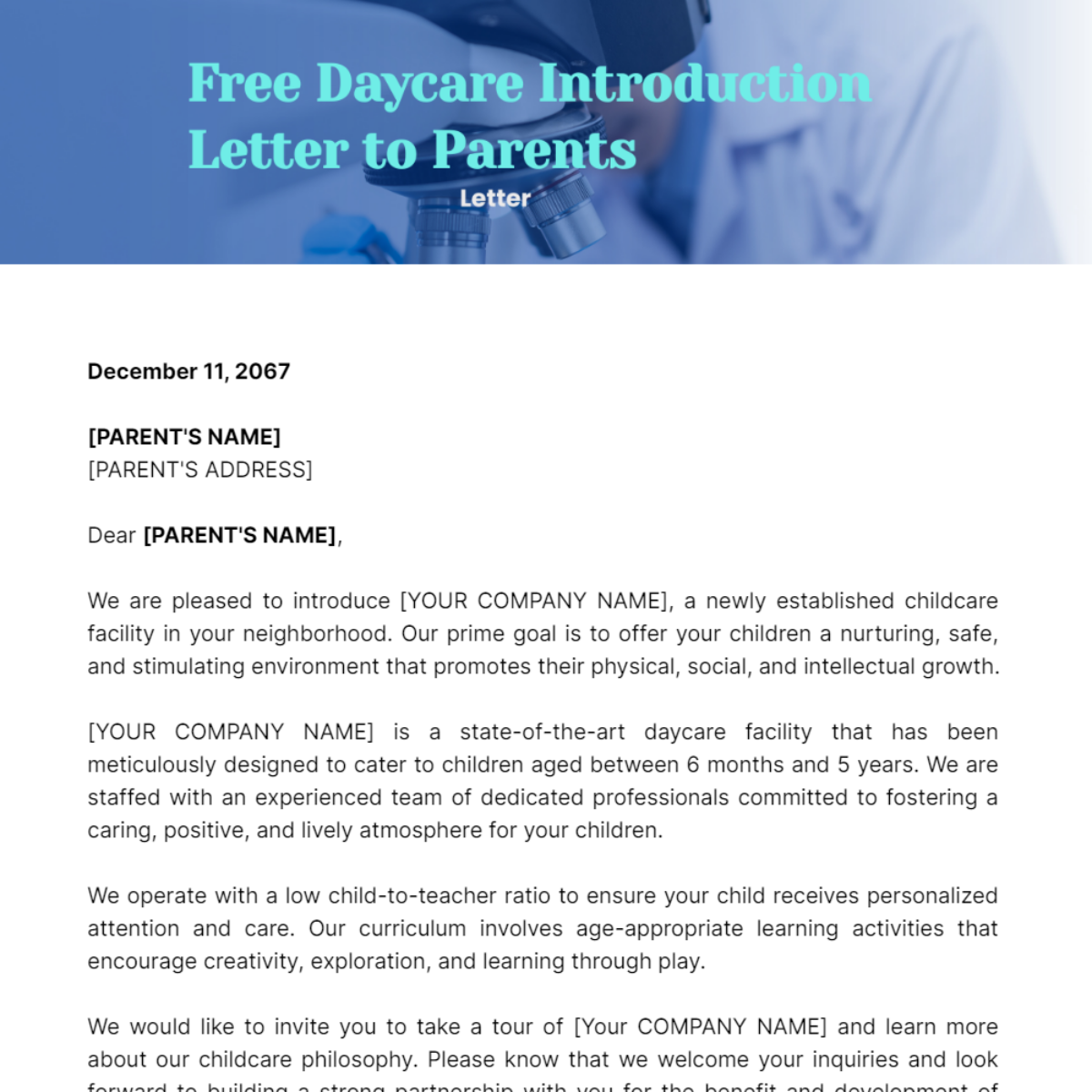 Daycare Introduction Letter to Parents Template