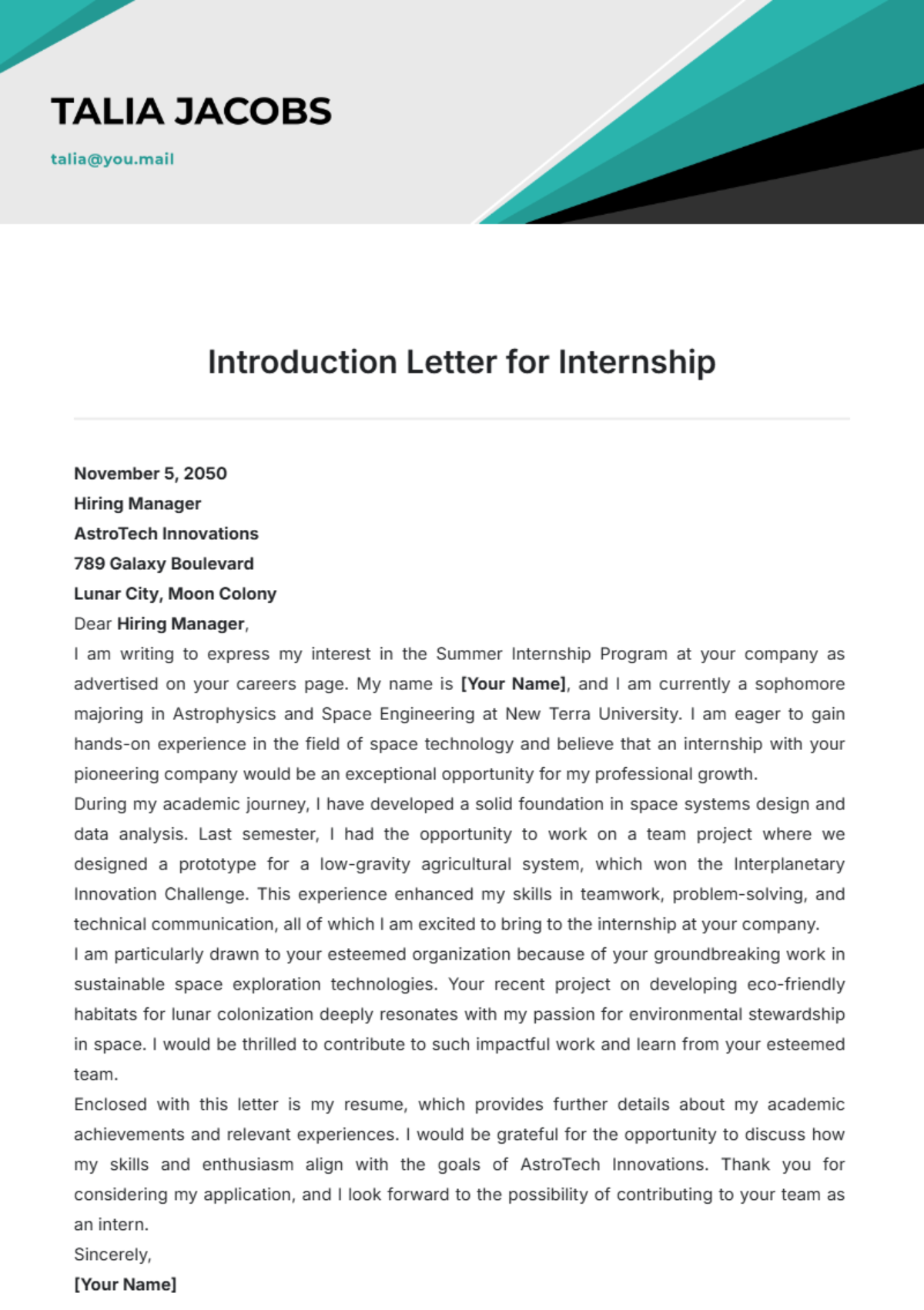 Introduction Letter for Internship Template