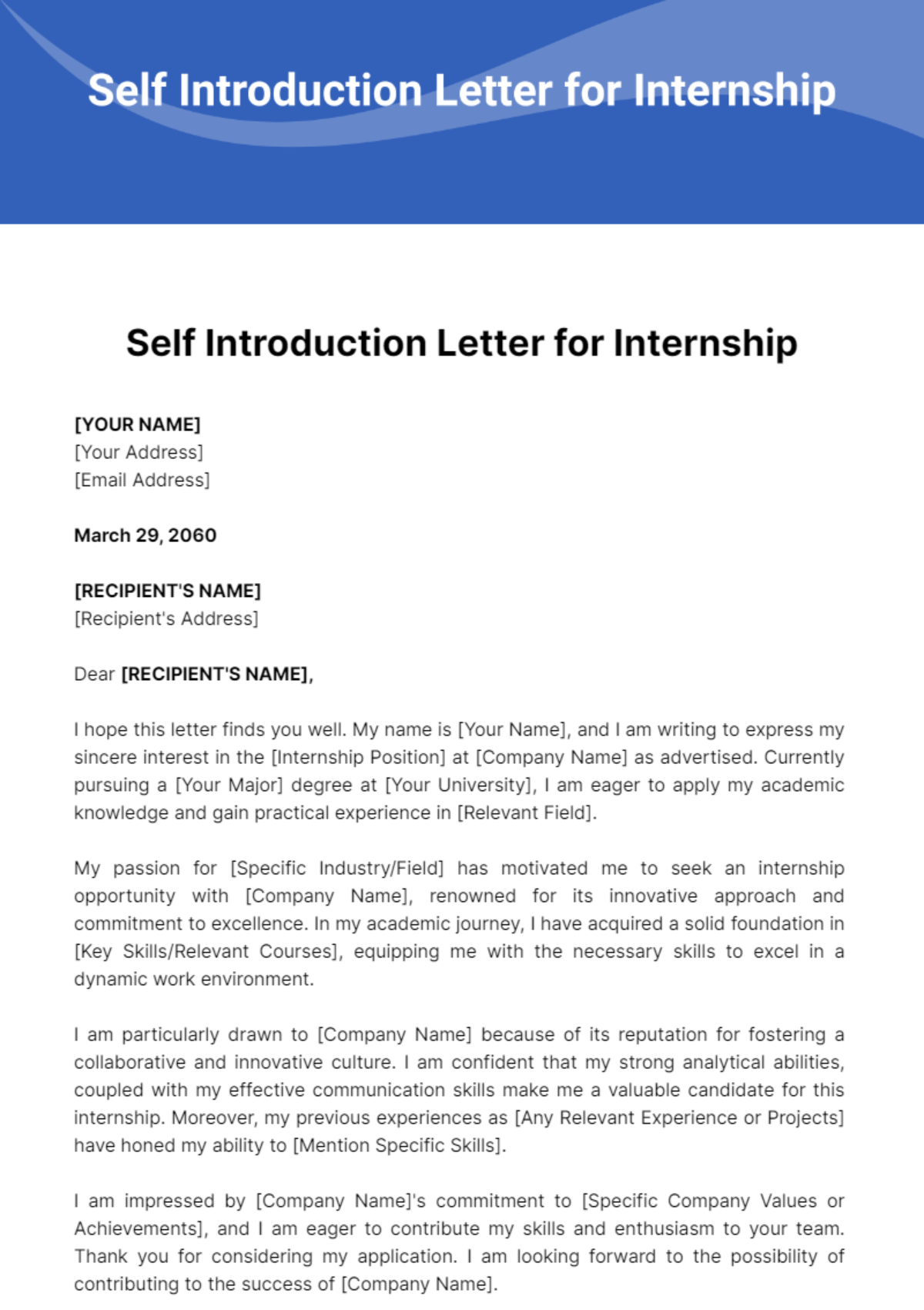 Free Self Introduction Letter for Internship Template
