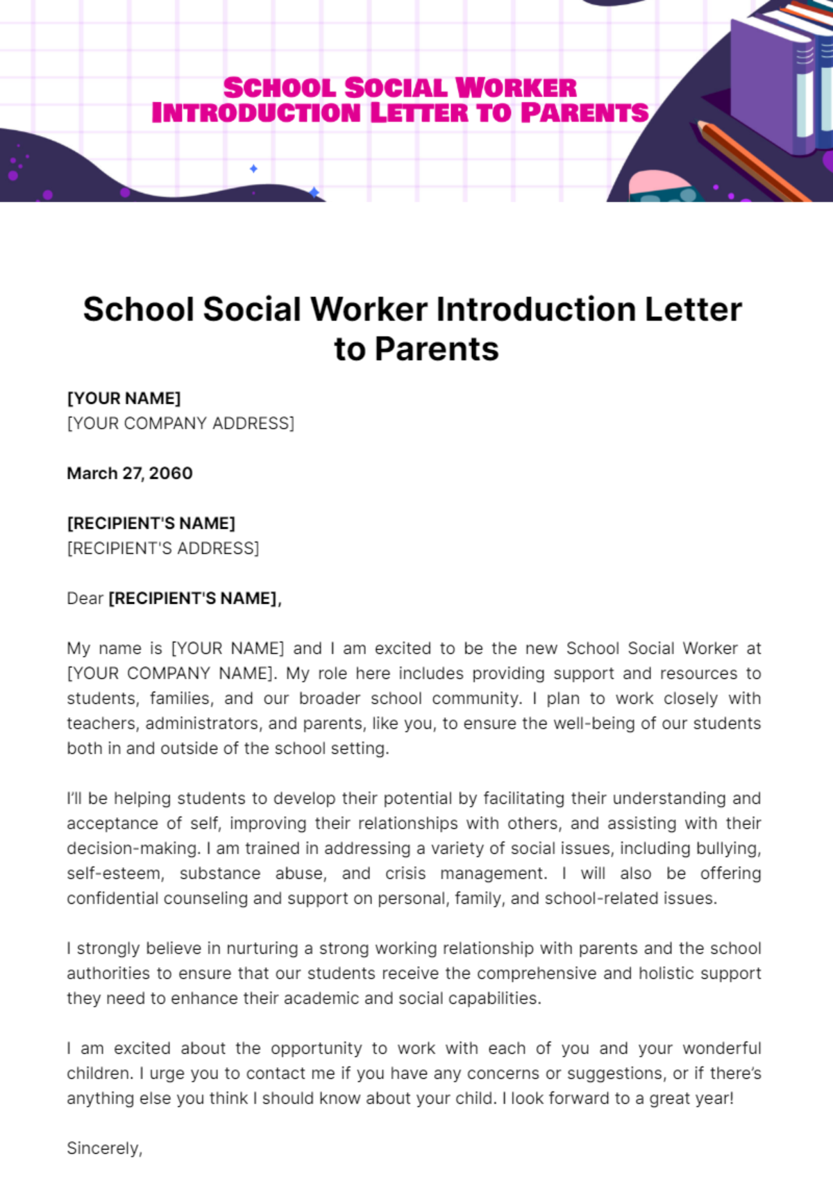 Free School Social Worker Introduction Letter to Parents Template