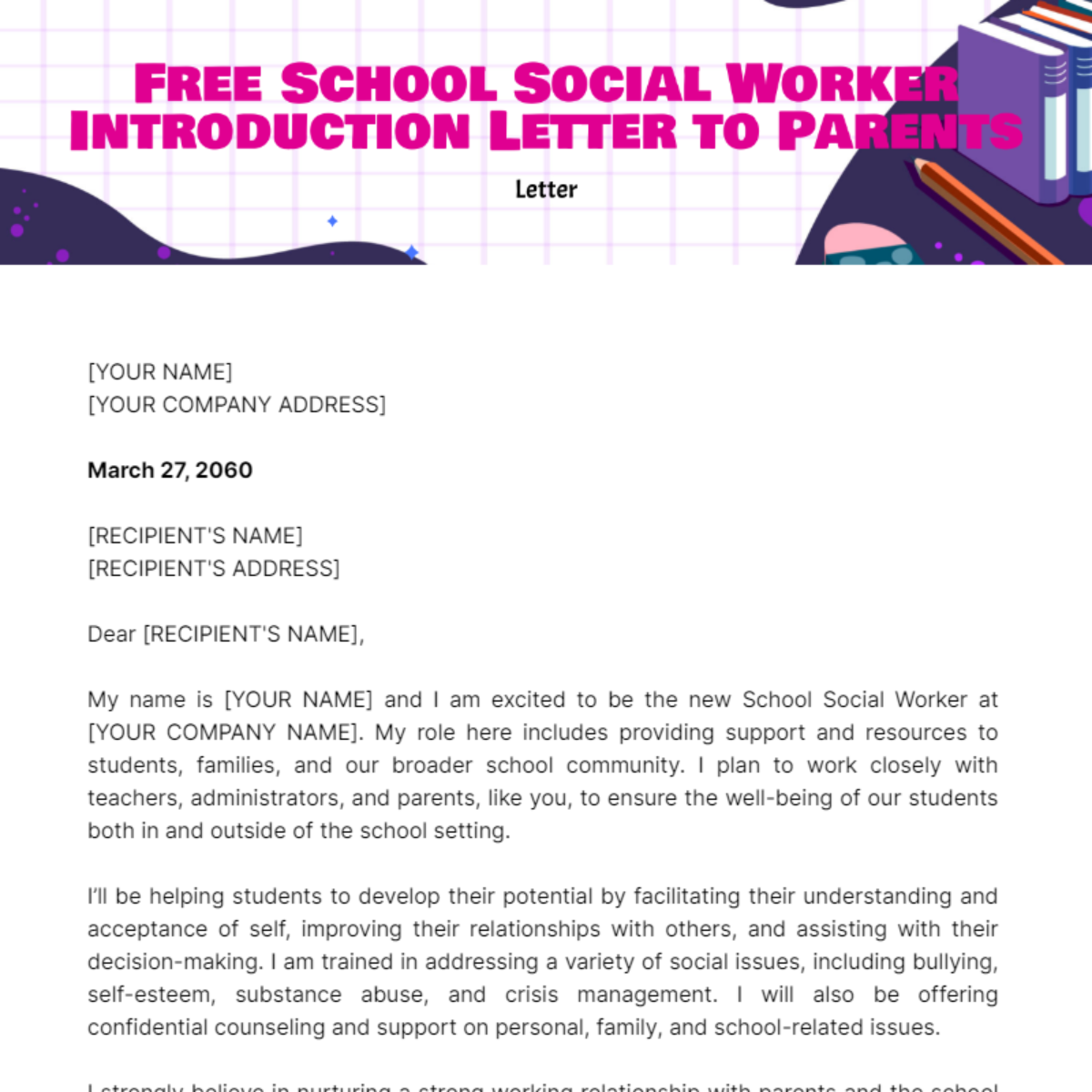 School Social Worker Introduction Letter to Parents Template