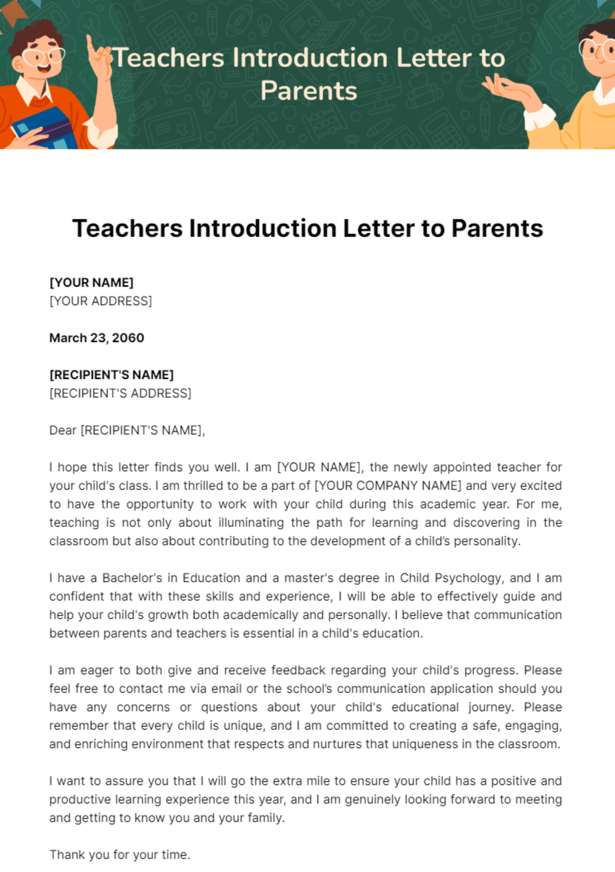 Free Teachers Introduction Letter to Parents Template
