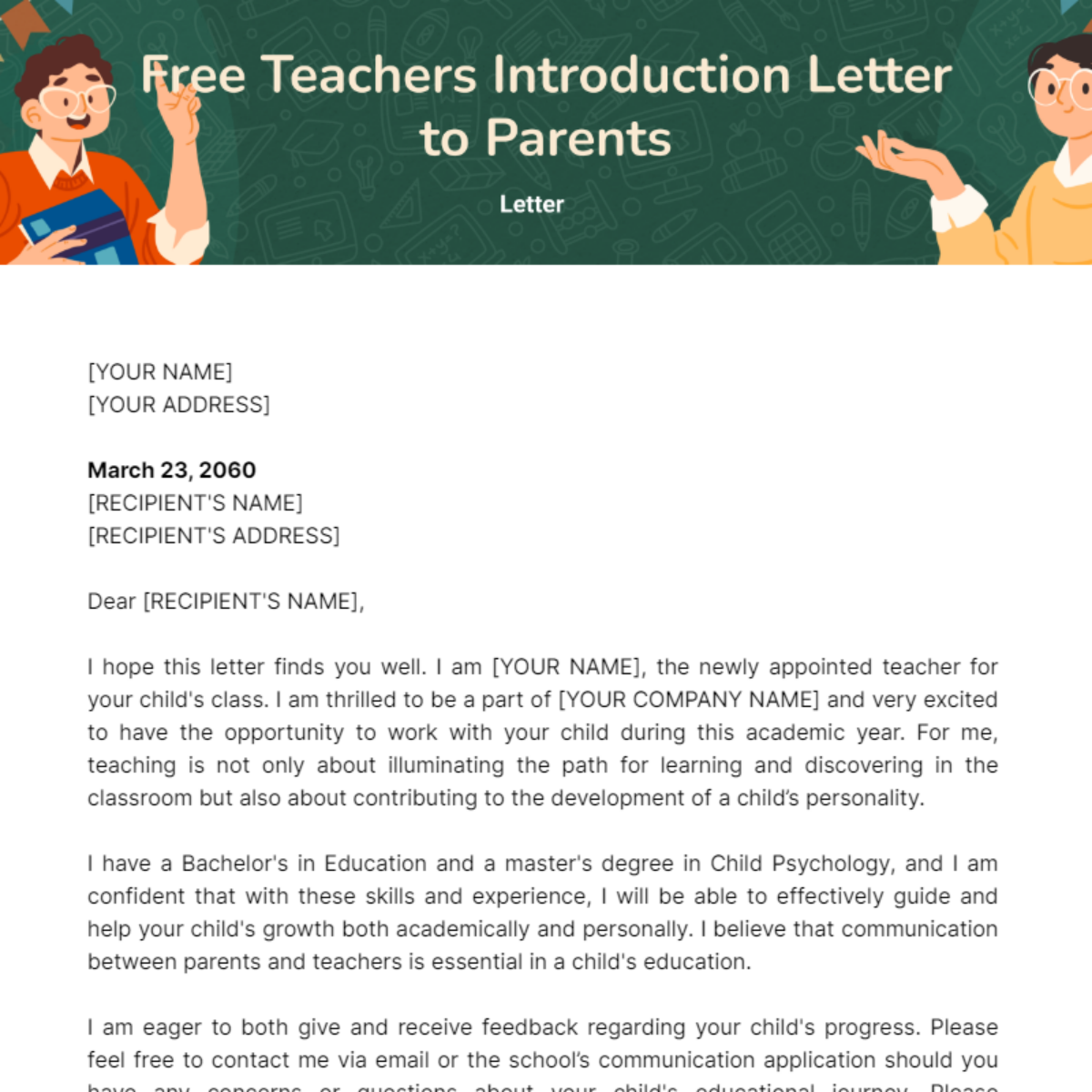 Teachers Introduction Letter to Parents Template