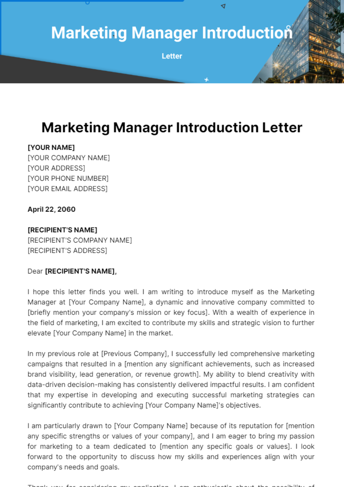Free Marketing Manager Introduction Letter Template