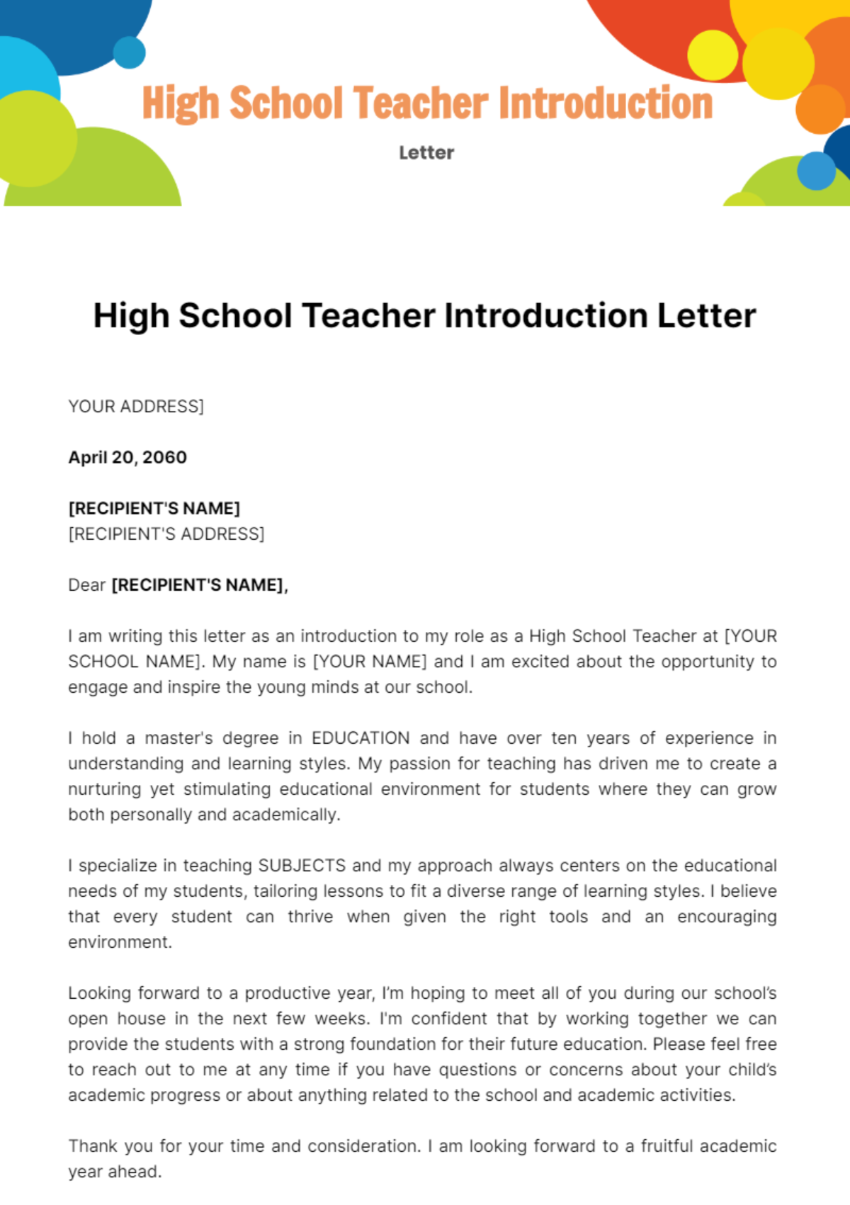 Free High School Teacher Introduction Letter Template
