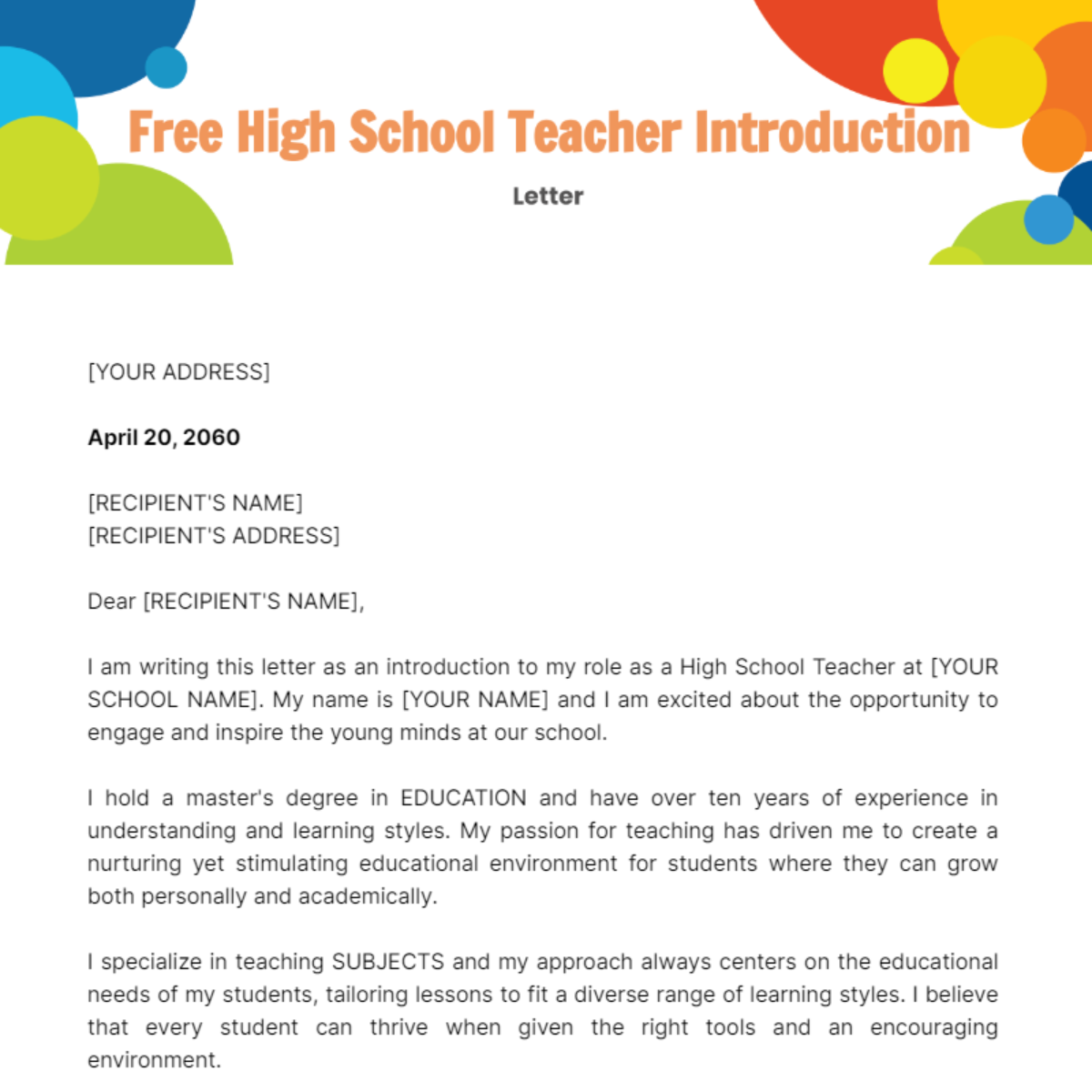 High School Teacher Introduction Letter Template