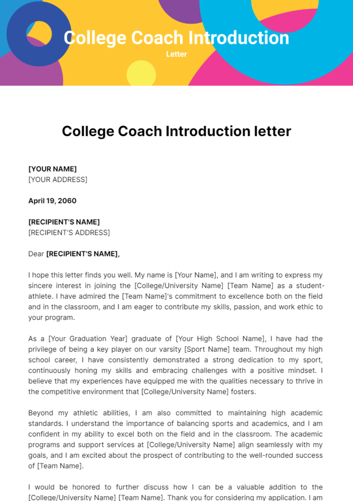 Free College Coach Introduction Letter Template