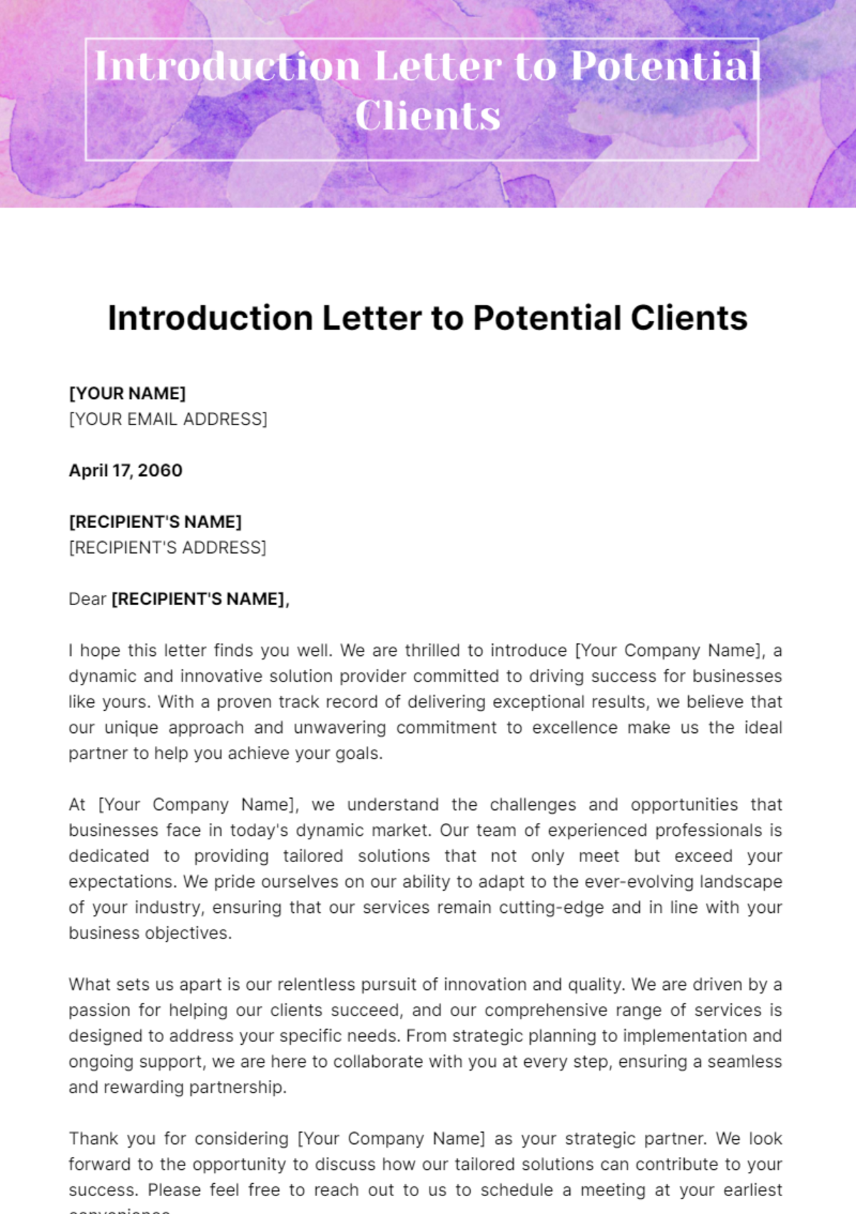 Free Introduction Letter to Potential Clients Template