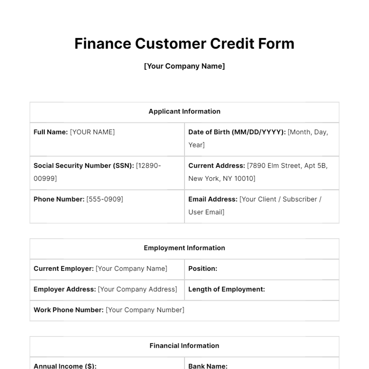 Finance Customer Credit Form Template