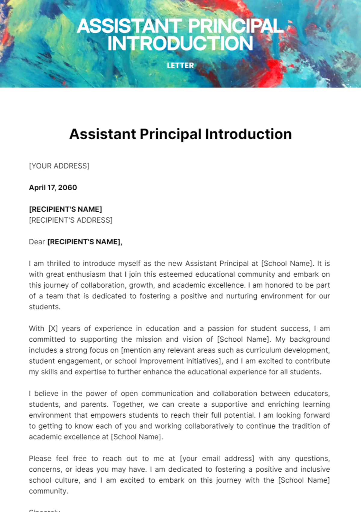 Free Assistant Principal Introduction Letter Template