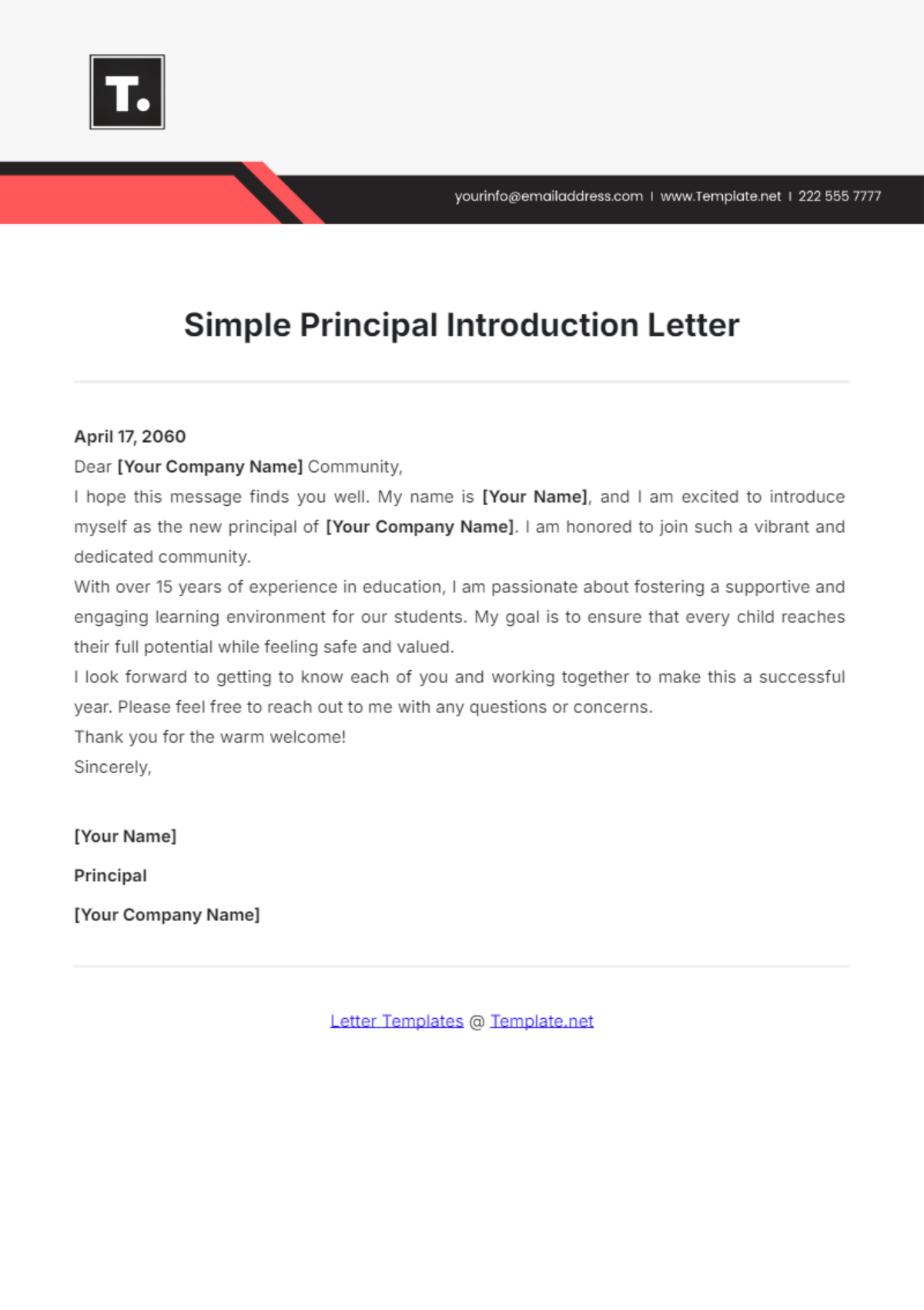 Simple Principal Introduction Letter Template - Edit Online & Download