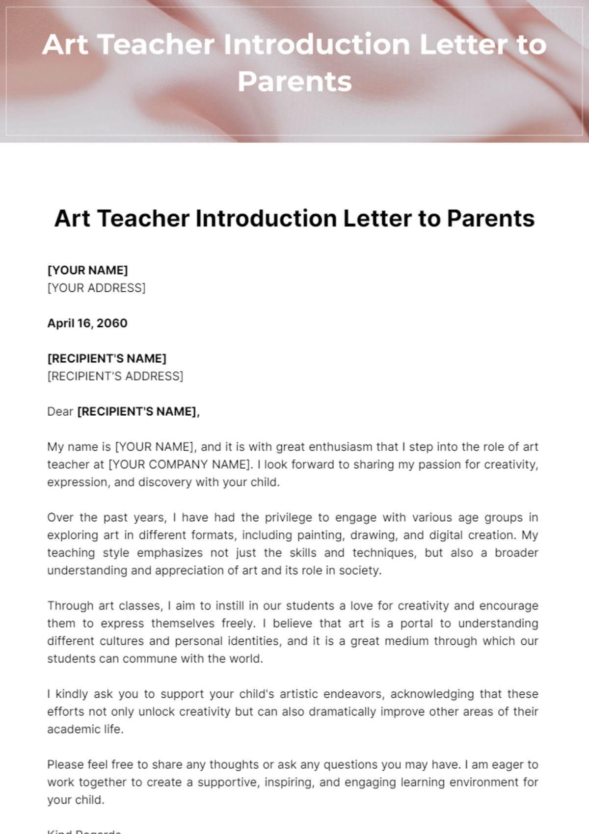 Free Art Teacher Introduction Letter to Parents Template