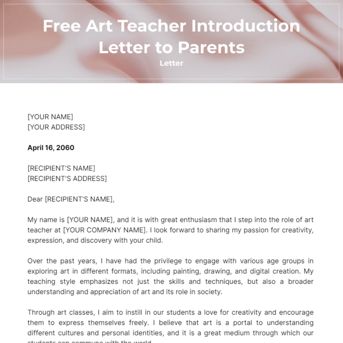 Art Teacher Introduction Letter to Parents Template