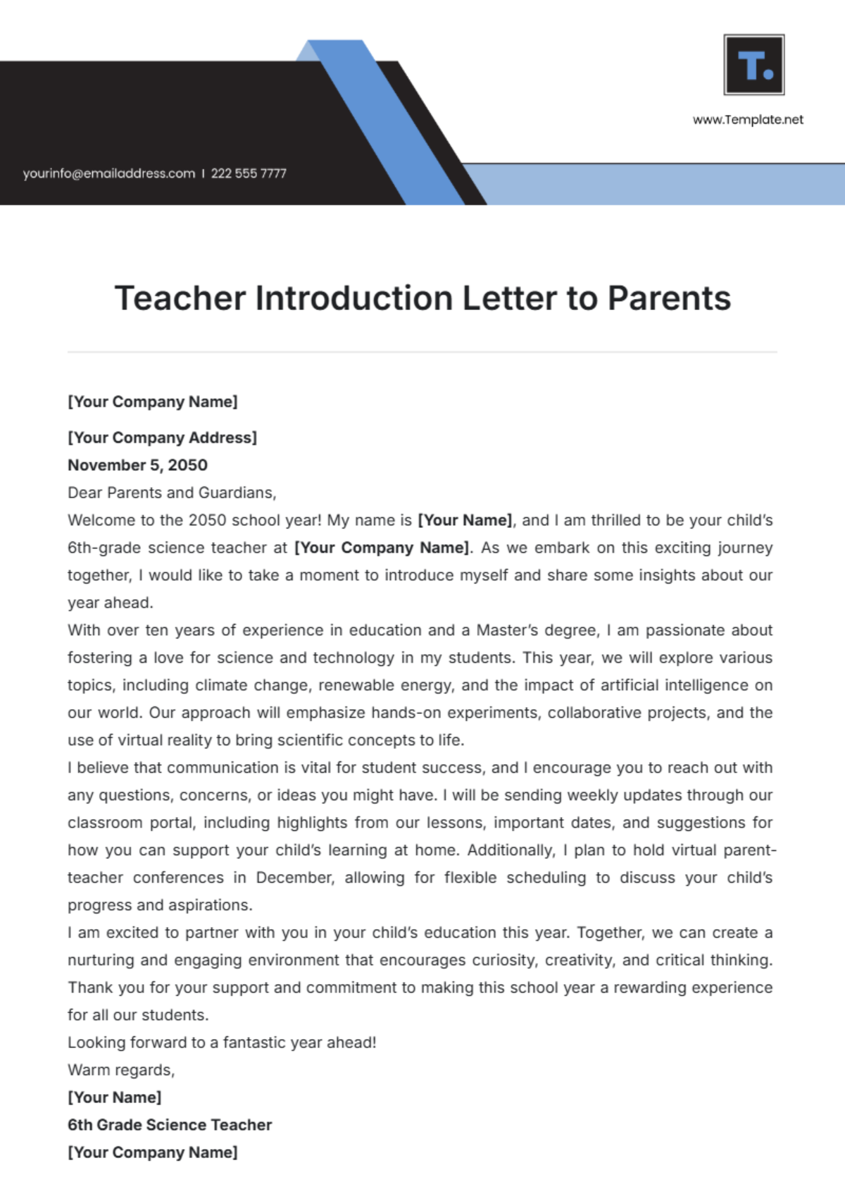 Teacher Introduction Letter to Parents Template