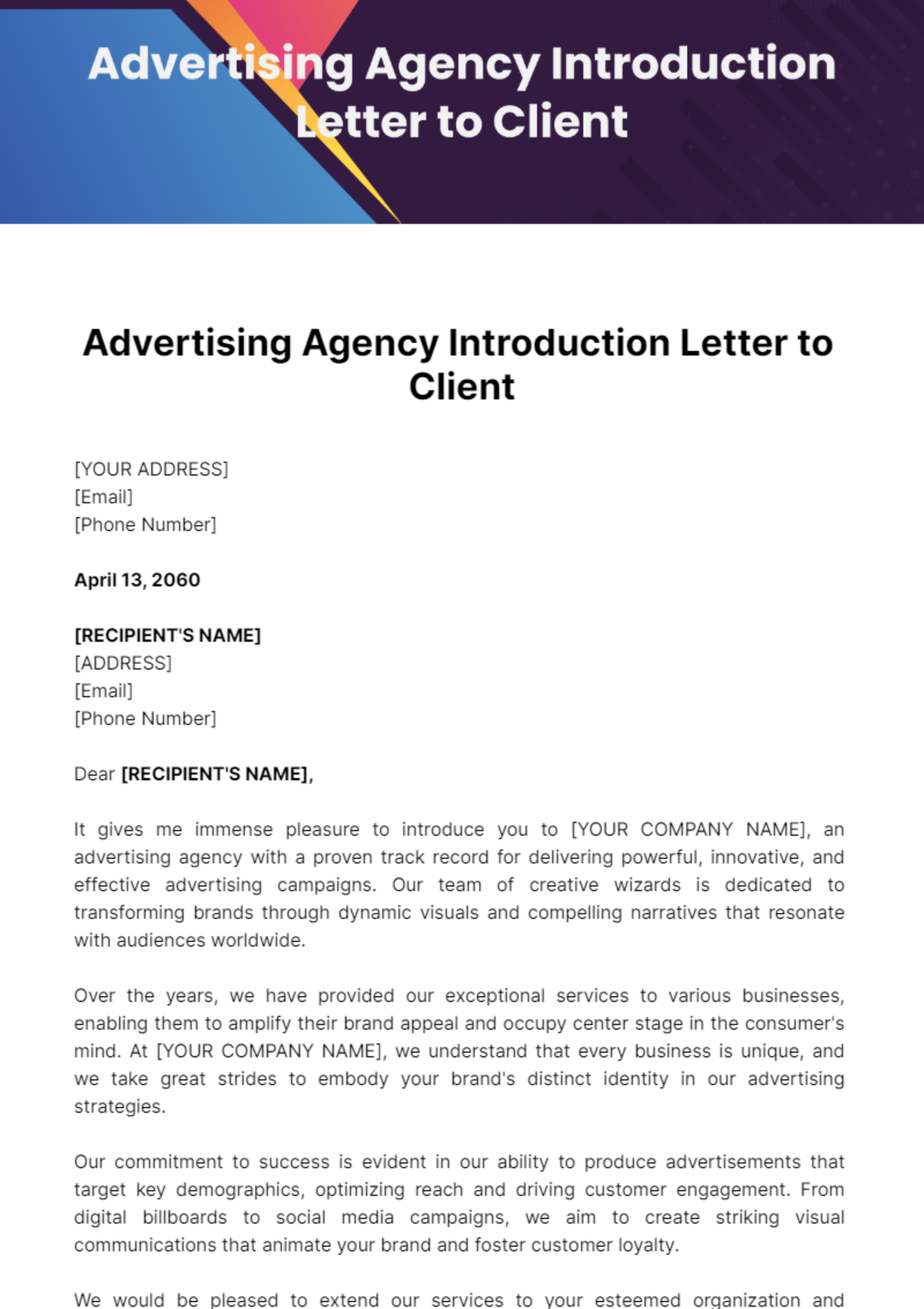 Free Advertising Agency Introduction Letter to Client Template