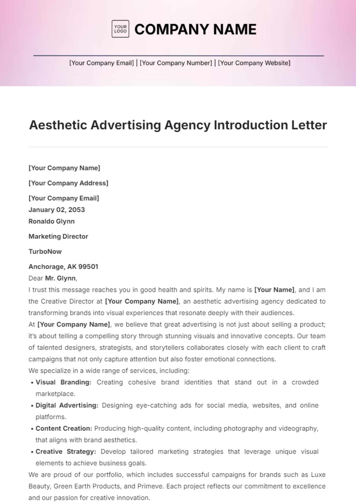 Aesthetic Advertising Agency Introduction Letter Template