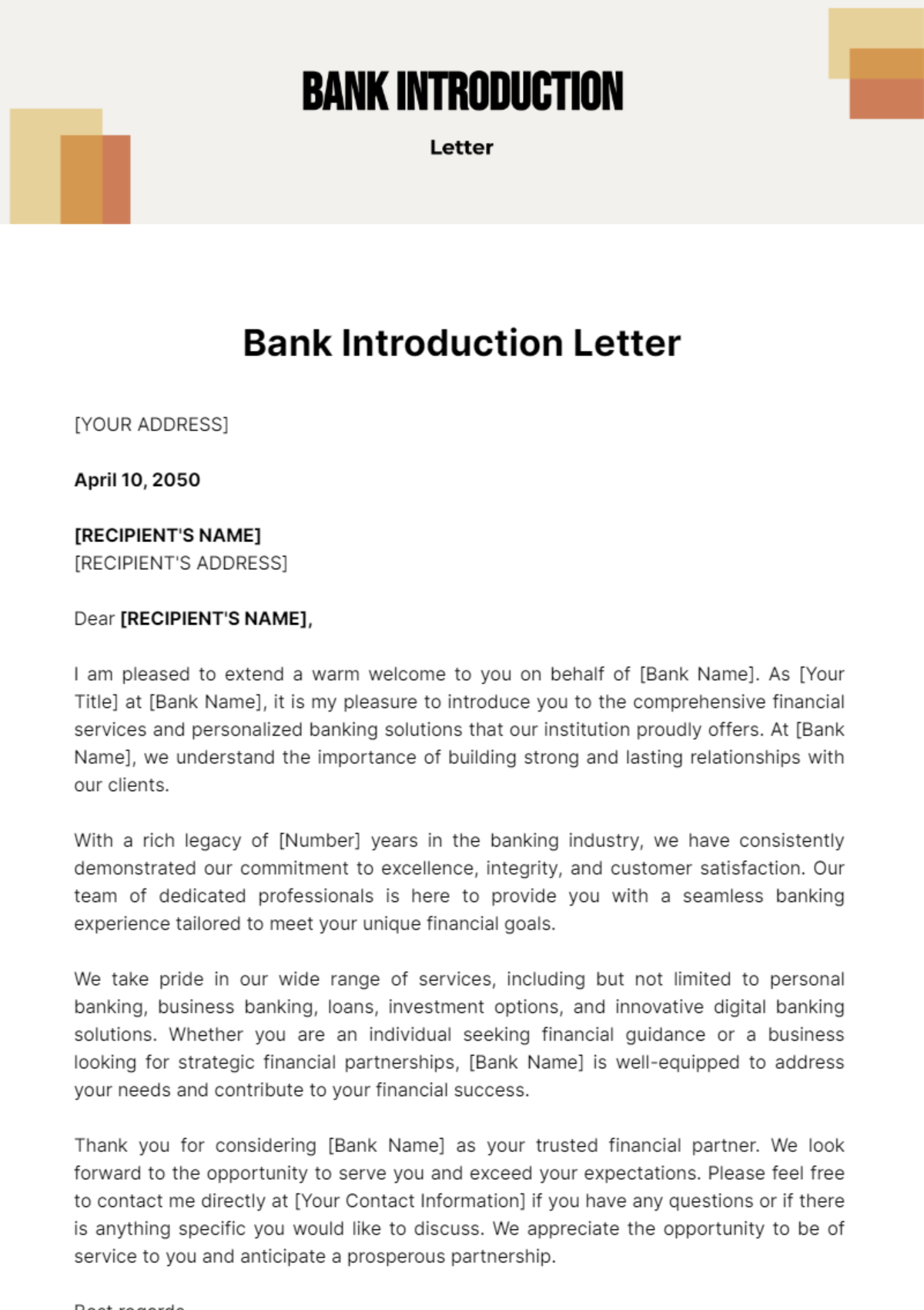 Free Bank Introduction Letter Template