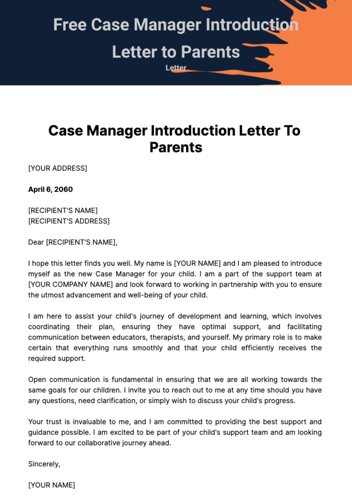 Free Case Manager Introduction Letter to Parents Template
