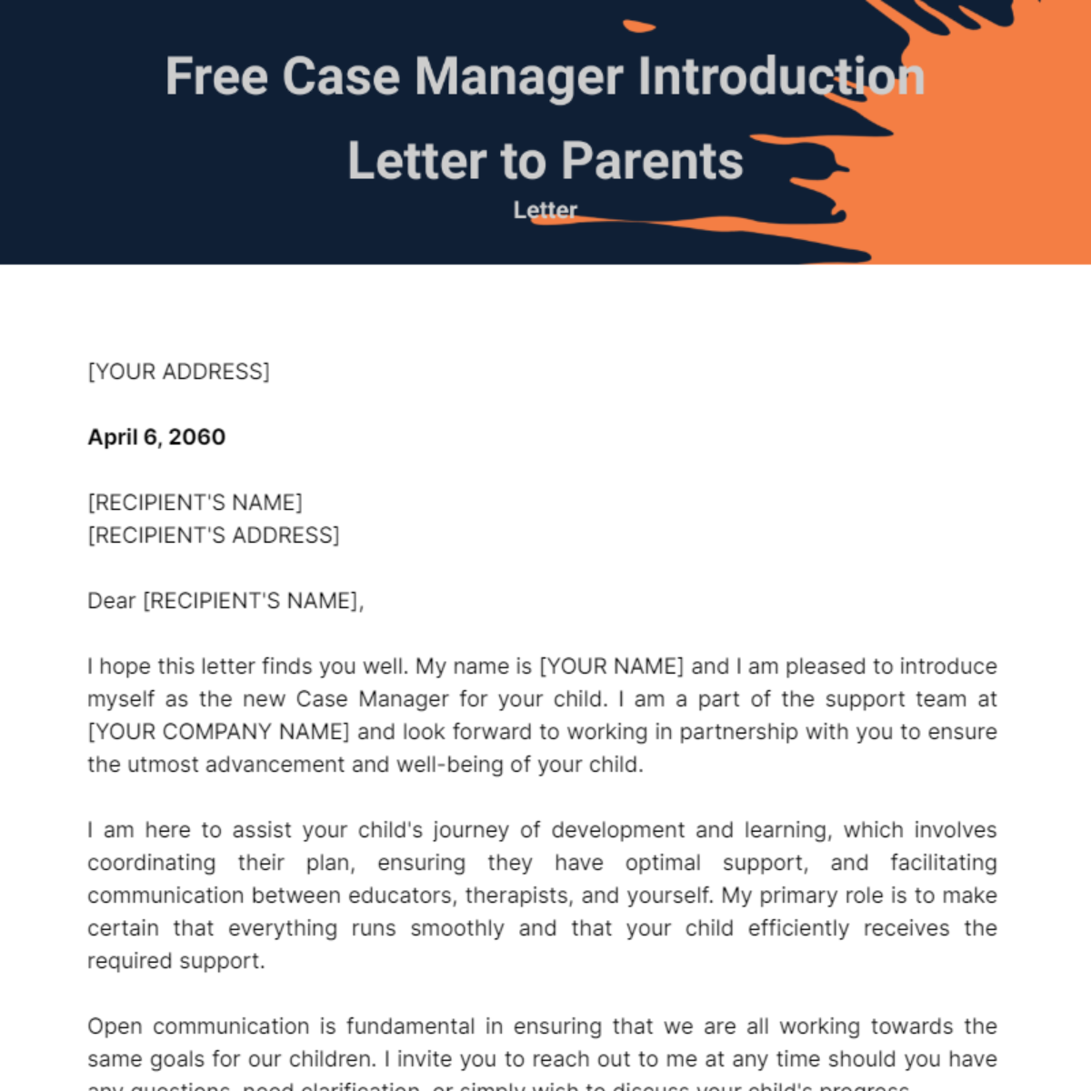 Case Manager Introduction Letter to Parents Template